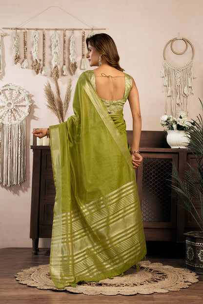 Monjolika Fashion Green Khadi Cotton Saree with Golden Zari Border and Brocade Blouse
