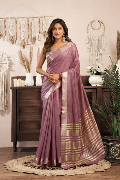 Monjolika Fashion Mauve Khadi Cotton Saree with Golden Zari Border and Brocade Blouse