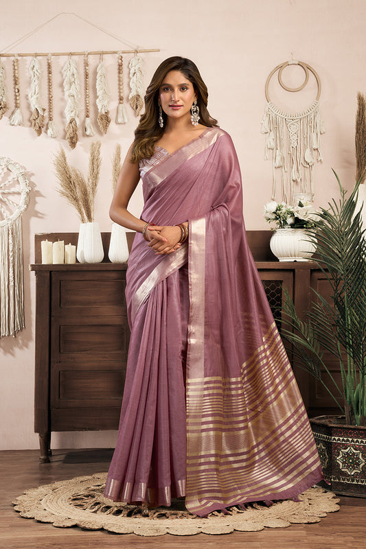 Monjolika Fashion Mauve Khadi Cotton Saree with Golden Zari Border and Brocade Blouse