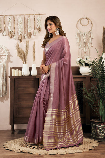 Monjolika Fashion Mauve Khadi Cotton Saree with Golden Zari Border and Brocade Blouse