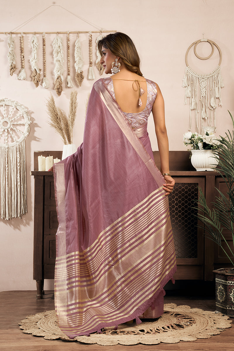 Monjolika Fashion Mauve Khadi Cotton Saree with Golden Zari Border and Brocade Blouse