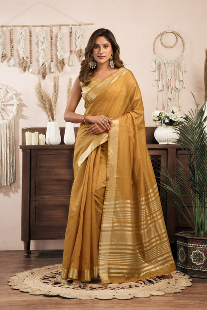 Monjolika Fashion Mustard Khadi Cotton Saree with Golden Zari Border and Brocade Blouse