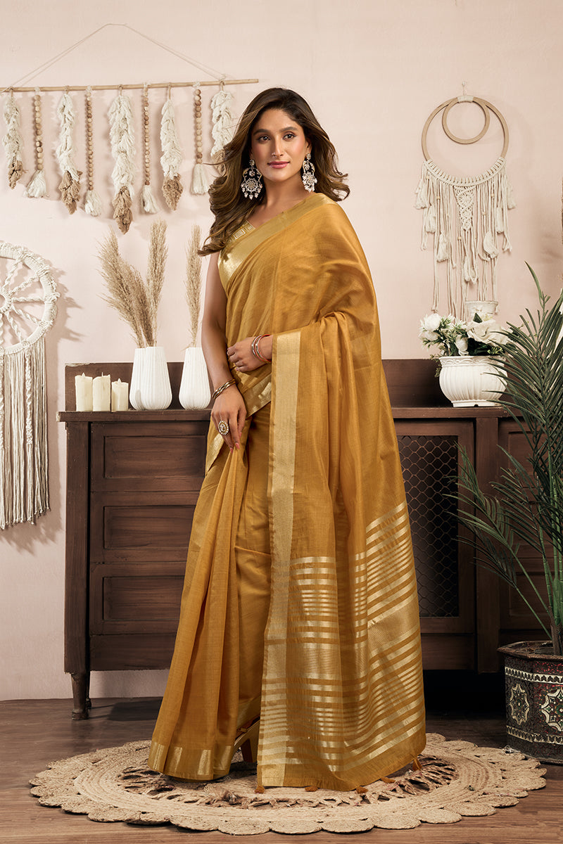 Monjolika Fashion Mustard Khadi Cotton Saree with Golden Zari Border and Brocade Blouse