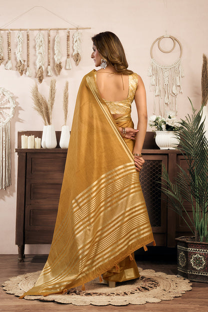Monjolika Fashion Mustard Khadi Cotton Saree with Golden Zari Border and Brocade Blouse