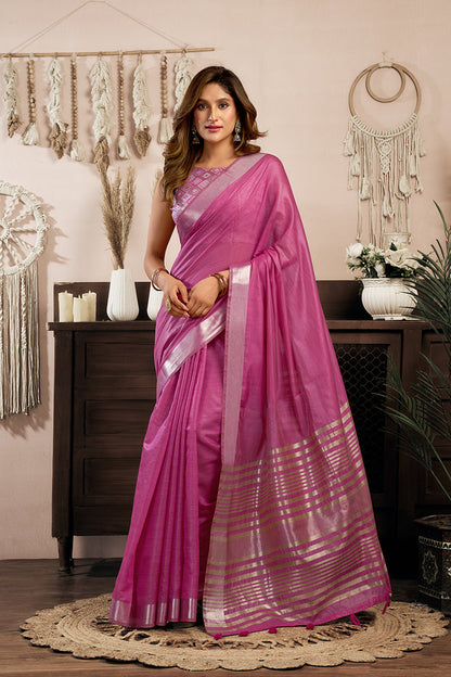 Monjolika Fashion Pink Khadi Cotton Saree with Golden Zari Border and Brocade Blouse