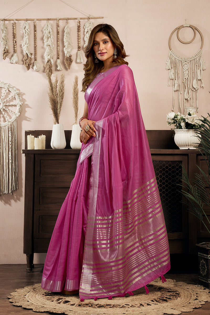 Monjolika Fashion Pink Khadi Cotton Saree with Golden Zari Border and Brocade Blouse