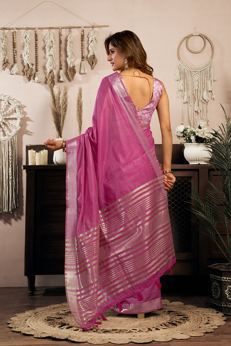 Monjolika Fashion Pink Khadi Cotton Saree with Golden Zari Border and Brocade Blouse