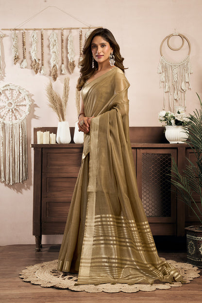 Monjolika Fashion Beige Gold Khadi Cotton Saree with Golden Zari Border and Brocade Blouse