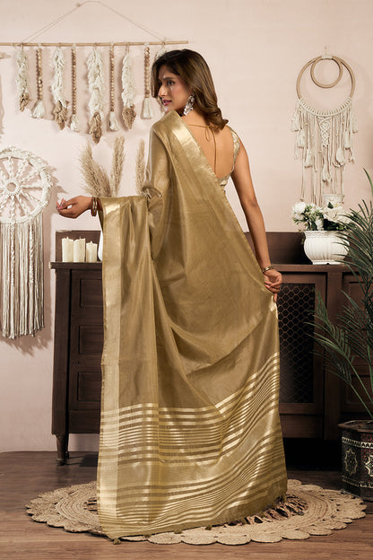 Monjolika Fashion Beige Gold Khadi Cotton Saree with Golden Zari Border and Brocade Blouse