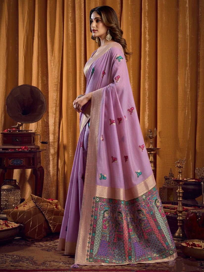 Monjolika Fashion Lavender Cotton Blend Katha Work Saree With Blouse Piece