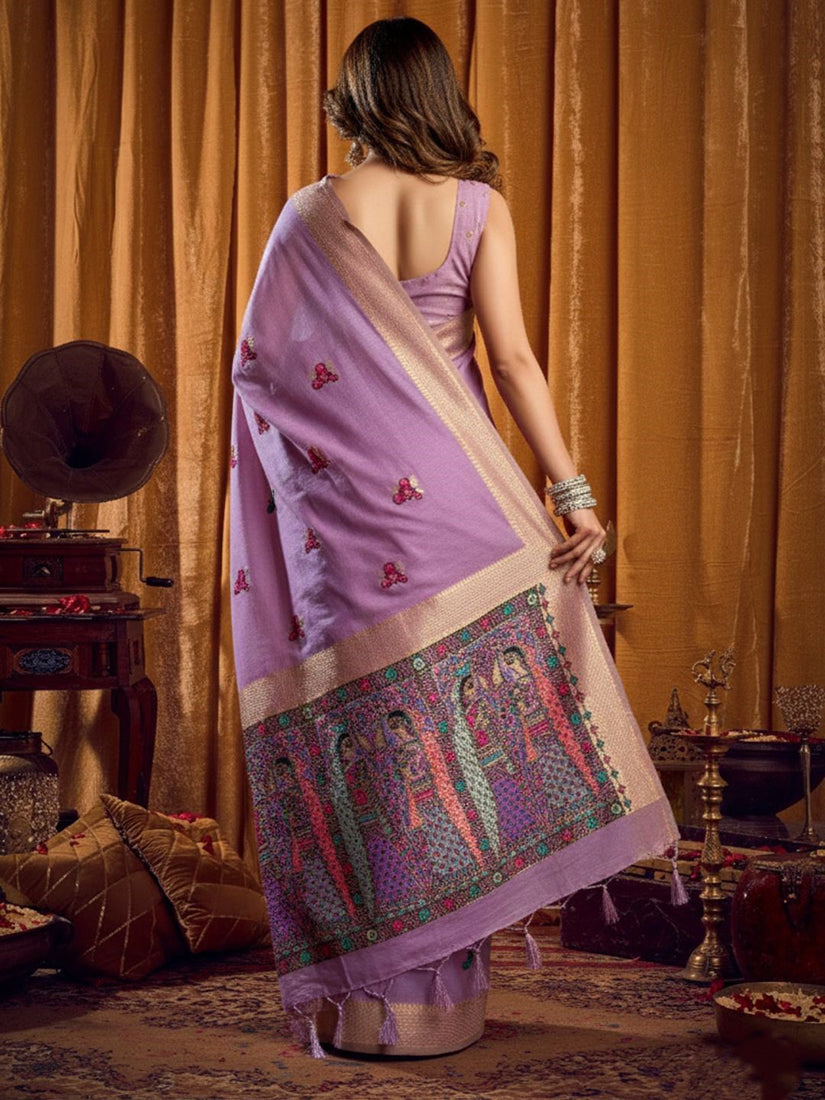 Monjolika Fashion Lavender Cotton Blend Katha Work Saree With Blouse Piece