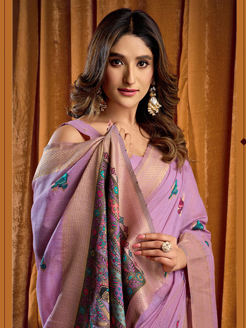 Monjolika Fashion Lavender Cotton Blend Katha Work Saree With Blouse Piece