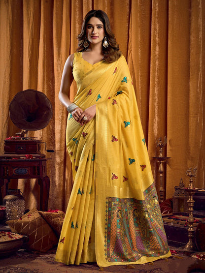 Monjolika Fashion Yellow Cotton Blend Katha Work Saree With Blouse Piece
