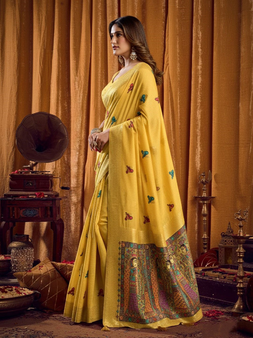 Monjolika Fashion Yellow Cotton Blend Katha Work Saree With Blouse Piece