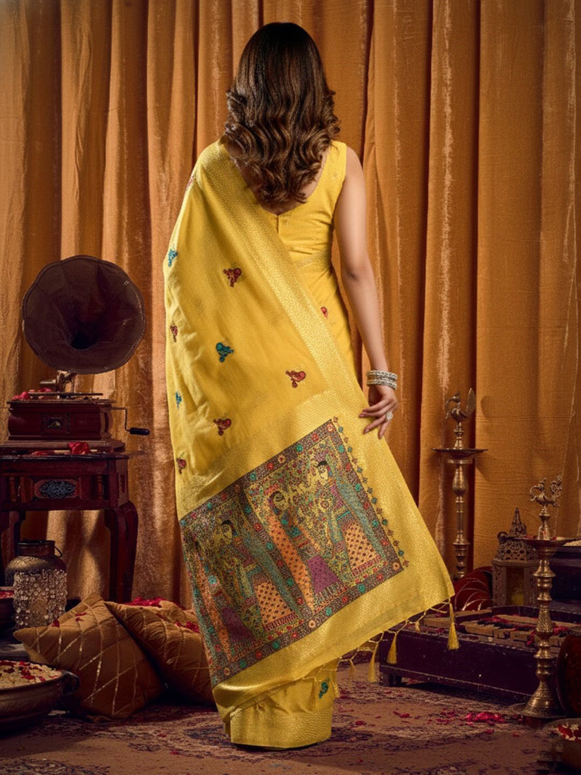 Monjolika Fashion Yellow Cotton Blend Katha Work Saree With Blouse Piece