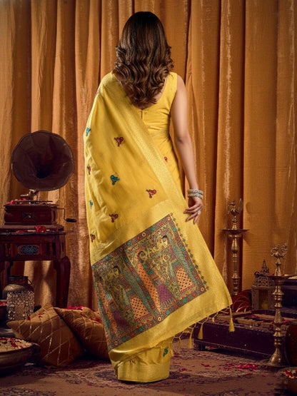 Monjolika Fashion Yellow Cotton Blend Katha Work Saree With Blouse Piece