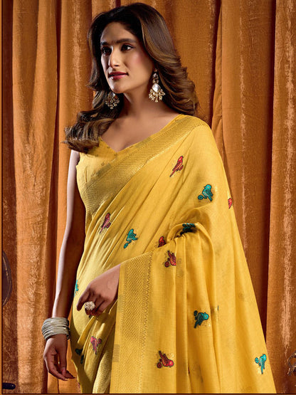 Monjolika Fashion Yellow Cotton Blend Katha Work Saree With Blouse Piece