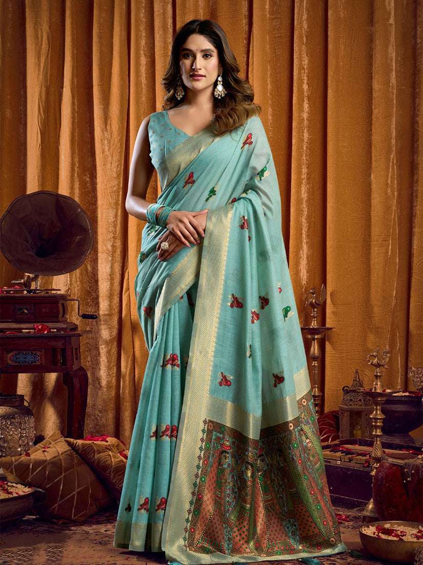 Monjolika Fashion Sky Blue Cotton Blend Katha Work Saree With Blouse Piece