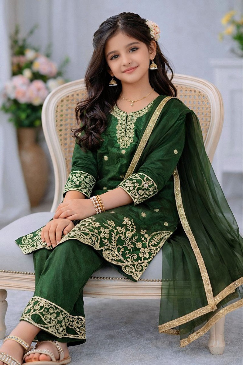Evanik Green Designer Party Wear Look Kids Top Salwar & Dupata