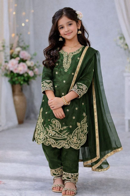 Evanik Green Designer Party Wear Look Kids Top Salwar & Dupata