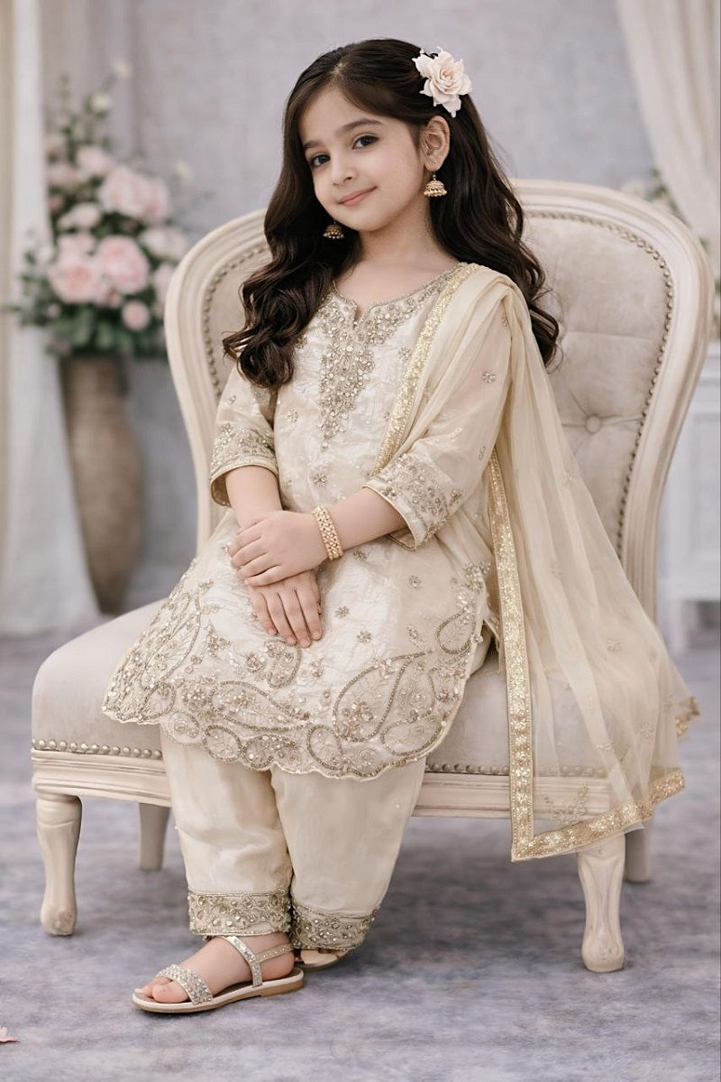 Evanik Beige Designer Party Wear Look Kids Top Salwar & Dupata
