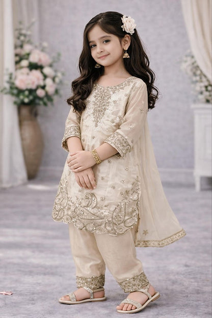 Evanik Beige Designer Party Wear Look Kids Top Salwar & Dupata