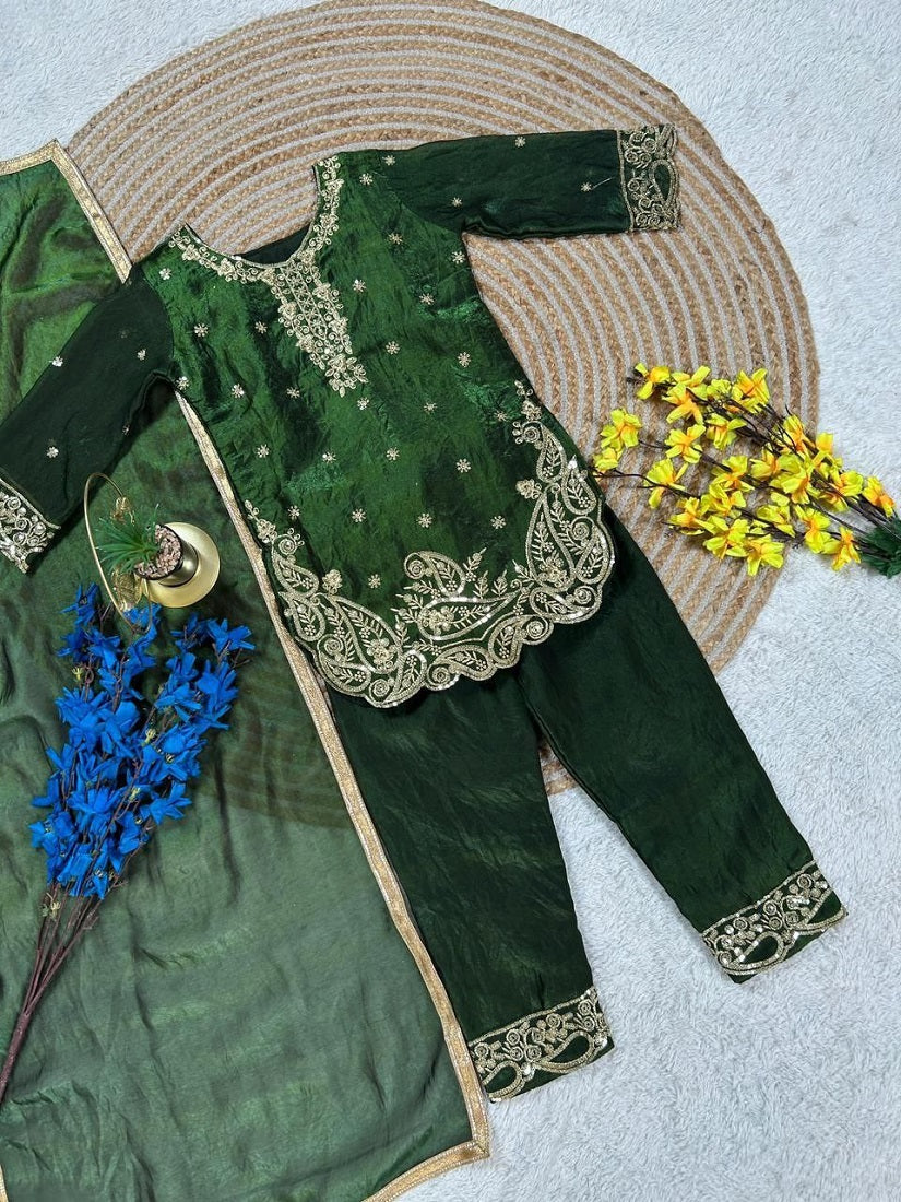 Evanik Green Designer Party Wear Look Kids Top Salwar & Dupata