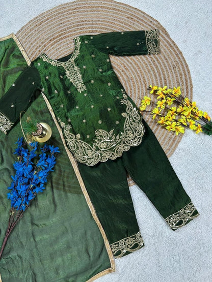 Evanik Green Designer Party Wear Look Kids Top Salwar & Dupata