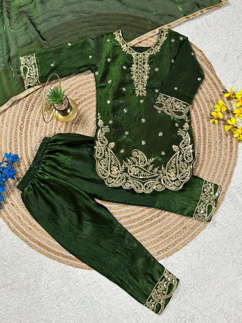 Evanik Green Designer Party Wear Look Kids Top Salwar & Dupata