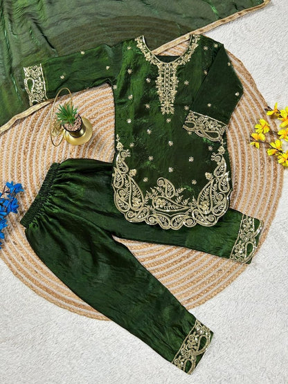 Evanik Green Designer Party Wear Look Kids Top Salwar & Dupata