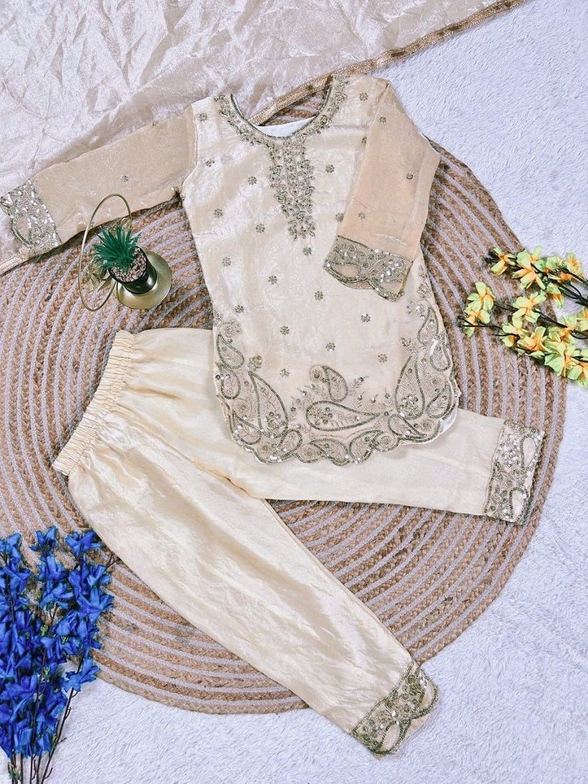Evanik Beige Designer Party Wear Look Kids Top Salwar & Dupata