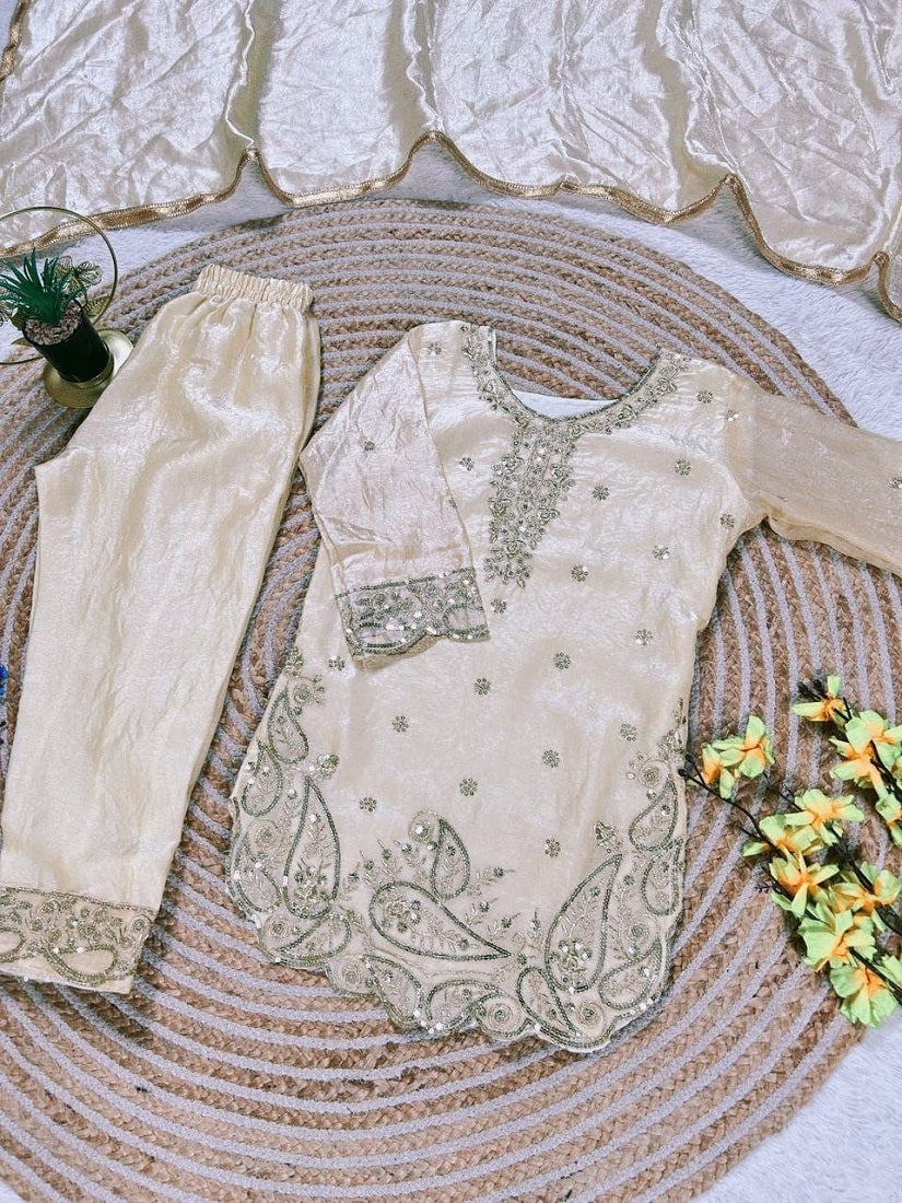 Evanik Beige Designer Party Wear Look Kids Top Salwar & Dupata