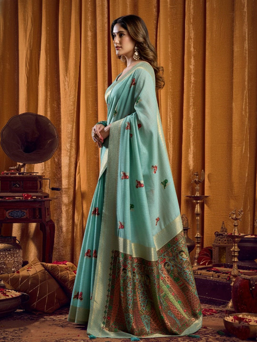 Monjolika Fashion Sky Blue Cotton Blend Katha Work Saree With Blouse Piece