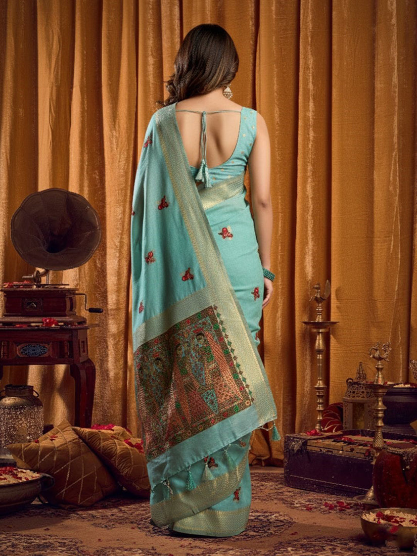 Monjolika Fashion Sky Blue Cotton Blend Katha Work Saree With Blouse Piece