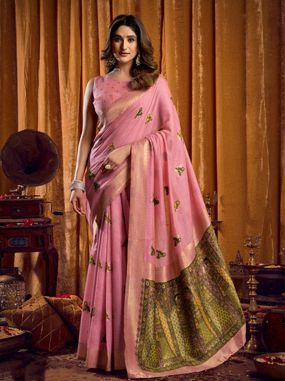 Monjolika Fashion Pink Cotton Blend Katha Work Saree With Blouse Piece