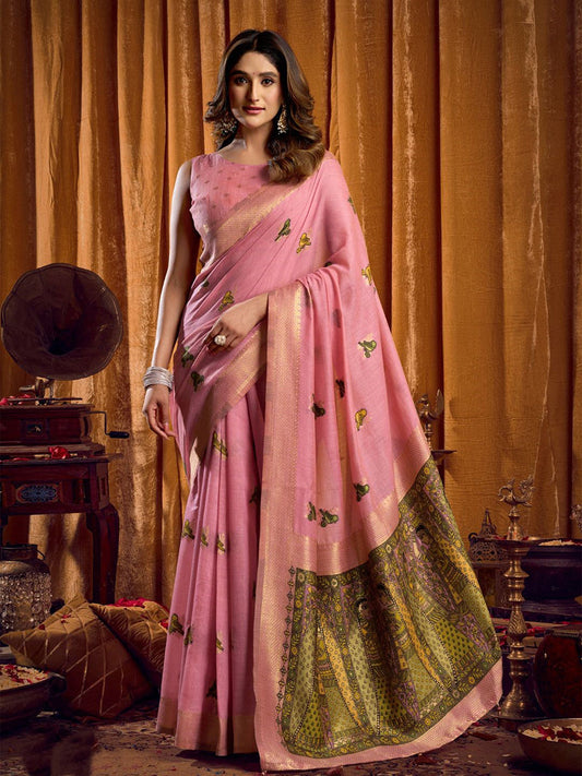 Monjolika Fashion Pink Cotton Blend Katha Work Saree With Blouse Piece