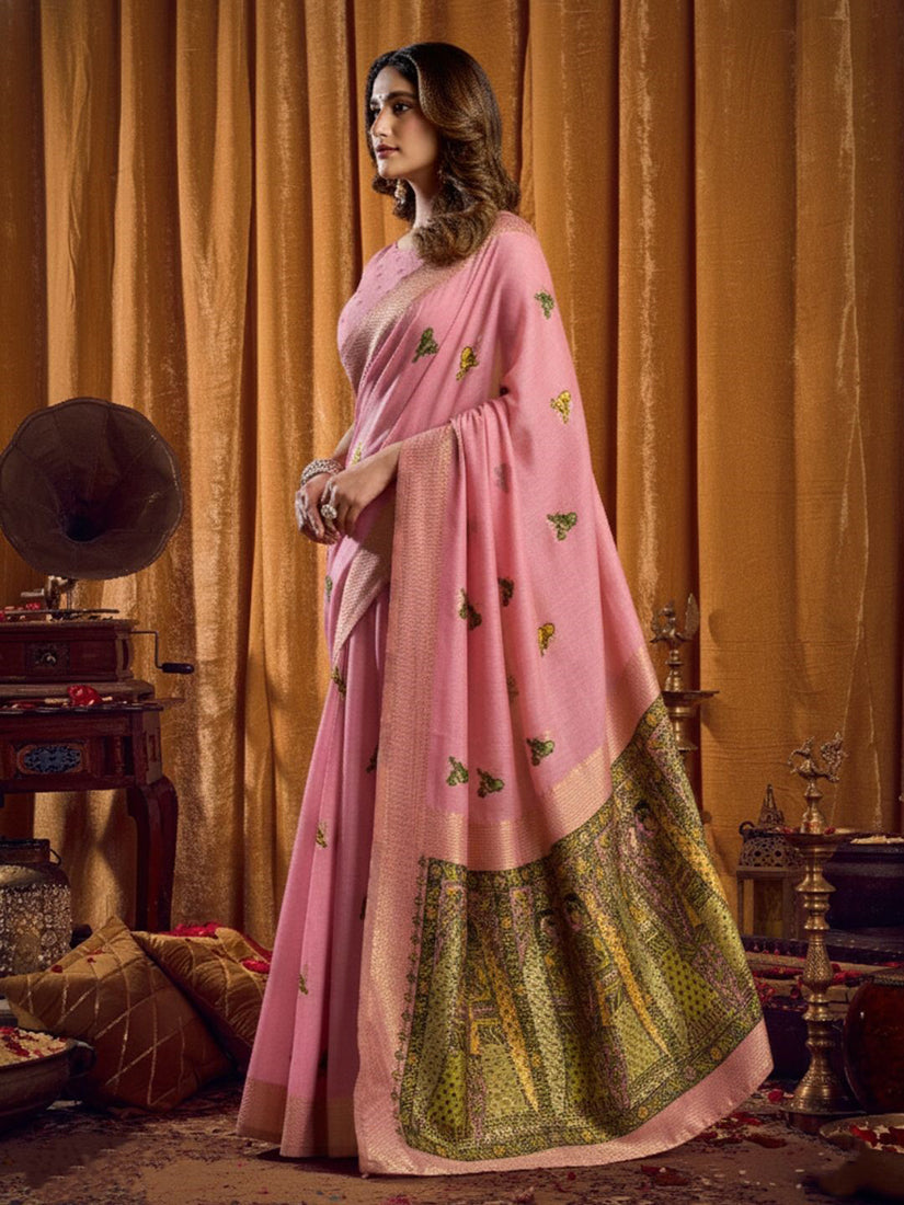 Monjolika Fashion Pink Cotton Blend Katha Work Saree With Blouse Piece