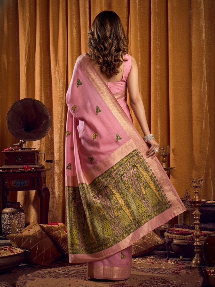 Monjolika Fashion Pink Cotton Blend Katha Work Saree With Blouse Piece