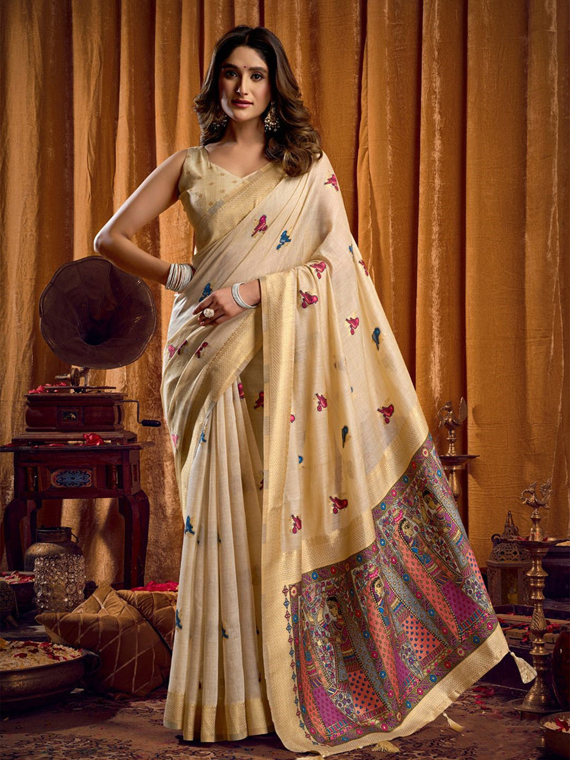 Monjolika Fashion Cream Cotton Blend Katha Work Saree With Blouse Piece