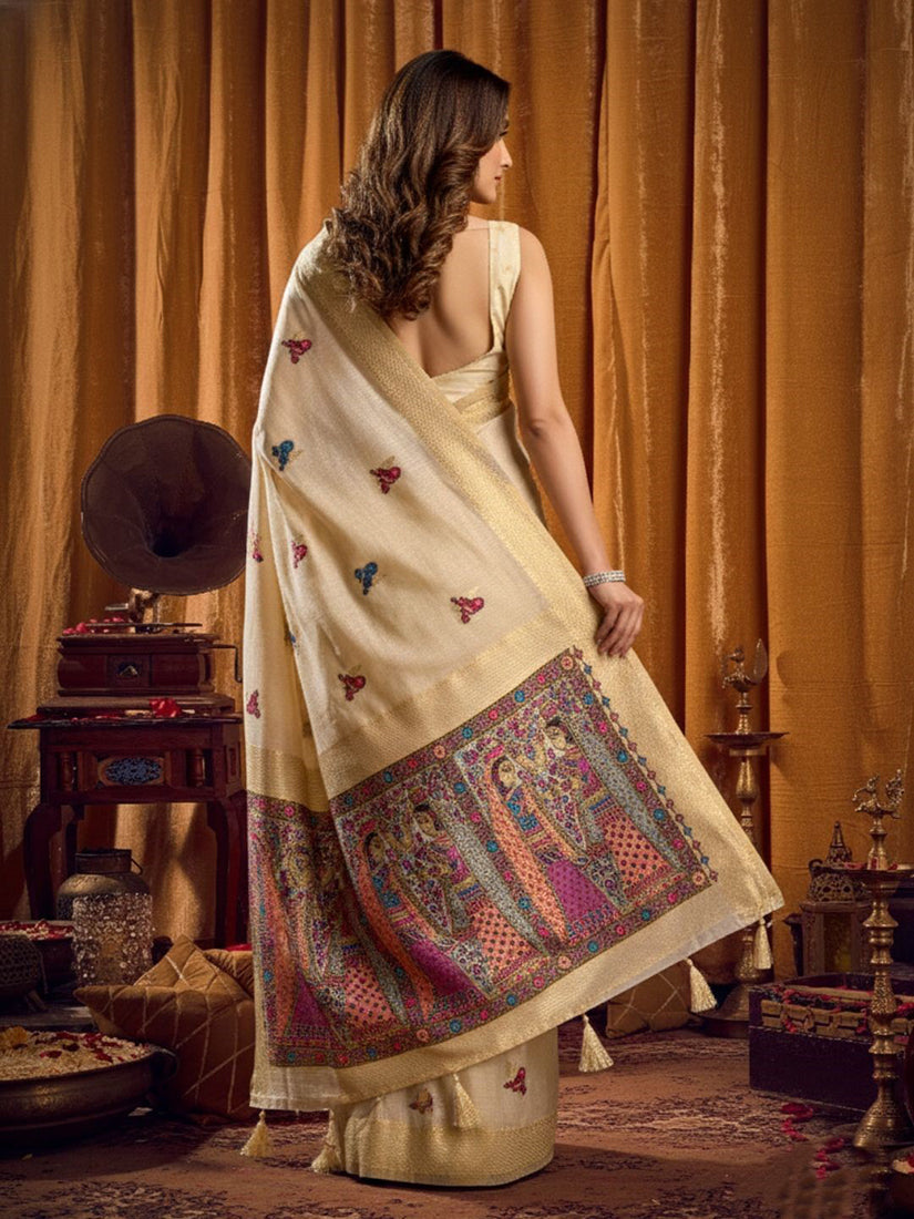 Monjolika Fashion Cream Cotton Blend Katha Work Saree With Blouse Piece