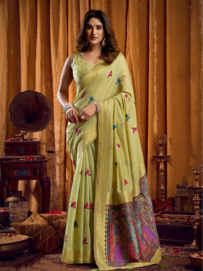 Monjolika Fashion Light Green Cotton Blend Katha Work Saree With Blouse Piece