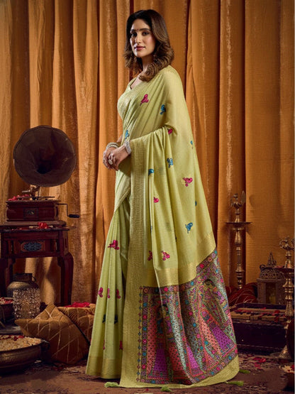Monjolika Fashion Light Green Cotton Blend Katha Work Saree With Blouse Piece