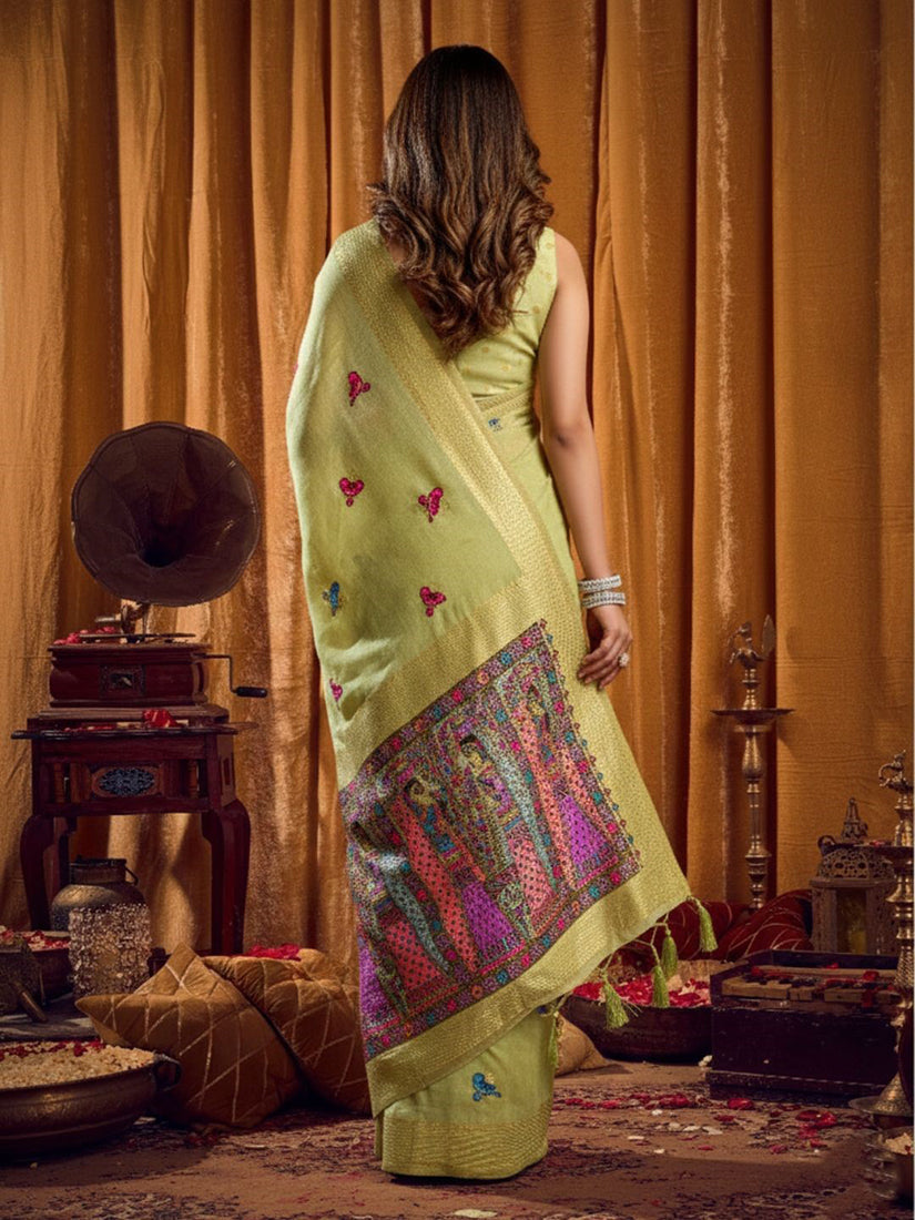 Monjolika Fashion Light Green Cotton Blend Katha Work Saree With Blouse Piece