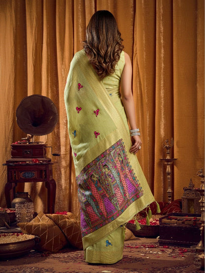 Monjolika Fashion Light Green Cotton Blend Katha Work Saree With Blouse Piece