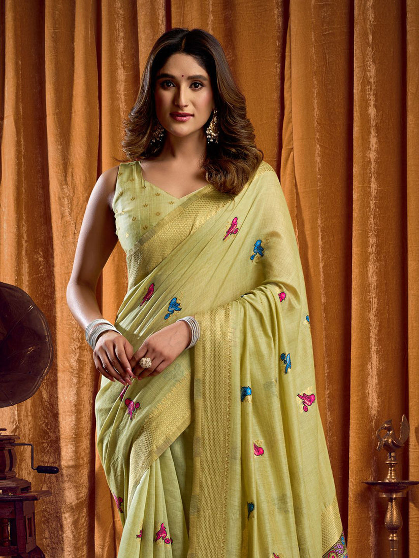 Monjolika Fashion Light Green Cotton Blend Katha Work Saree With Blouse Piece
