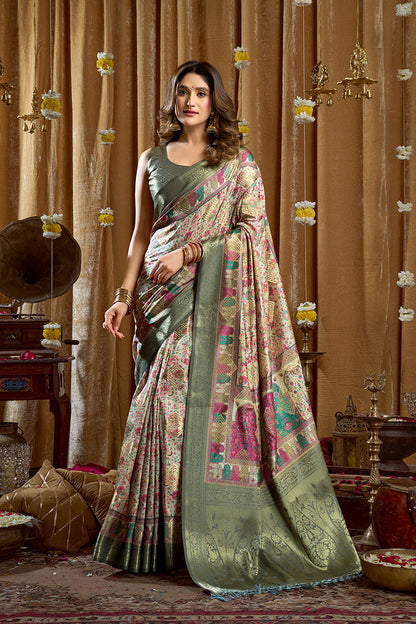 Monjolika Fashion Sea Green Banarasi Cotton Silk Blend Digital Print Saree With Blouse Piece