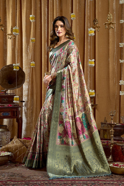 Monjolika Fashion Sea Green Banarasi Cotton Silk Blend Digital Print Saree With Blouse Piece
