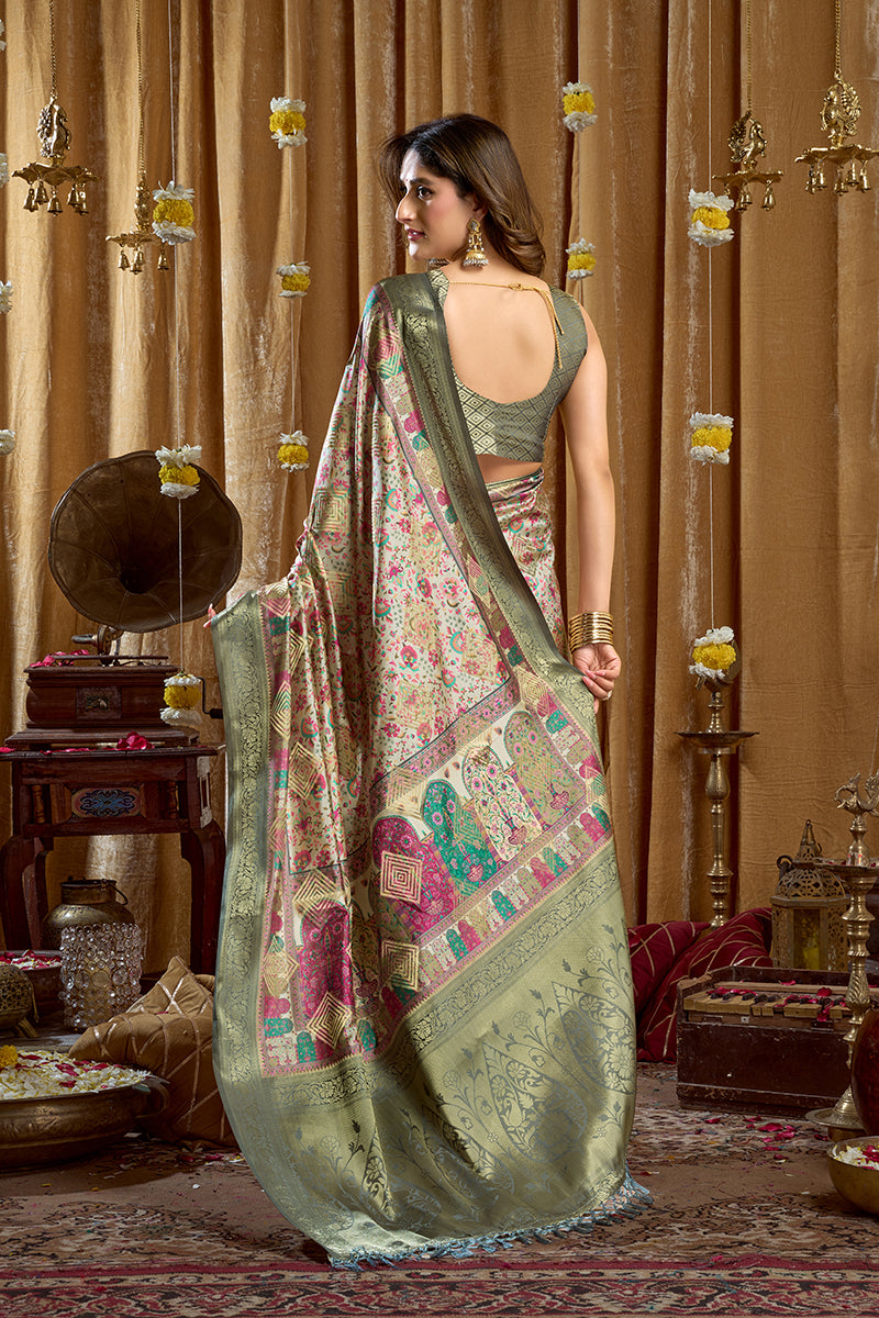 Monjolika Fashion Sea Green Banarasi Cotton Silk Blend Digital Print Saree With Blouse Piece