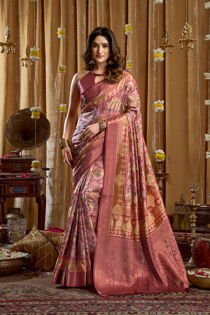 Monjolika Fashion Onion Pink Banarasi Cotton Silk Blend Digital Print Saree With Blouse Piece