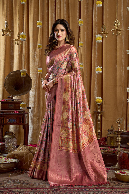 Monjolika Fashion Onion Pink Banarasi Cotton Silk Blend Digital Print Saree With Blouse Piece